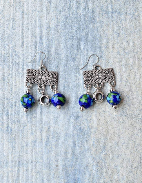 Blue Pottery Two Bead Earrings in Blue Colour